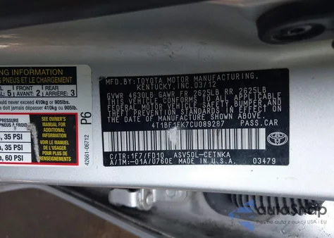 2012 Toyota Camry Le from USA, damaged, VIN 4T1BF1FK7CU089287